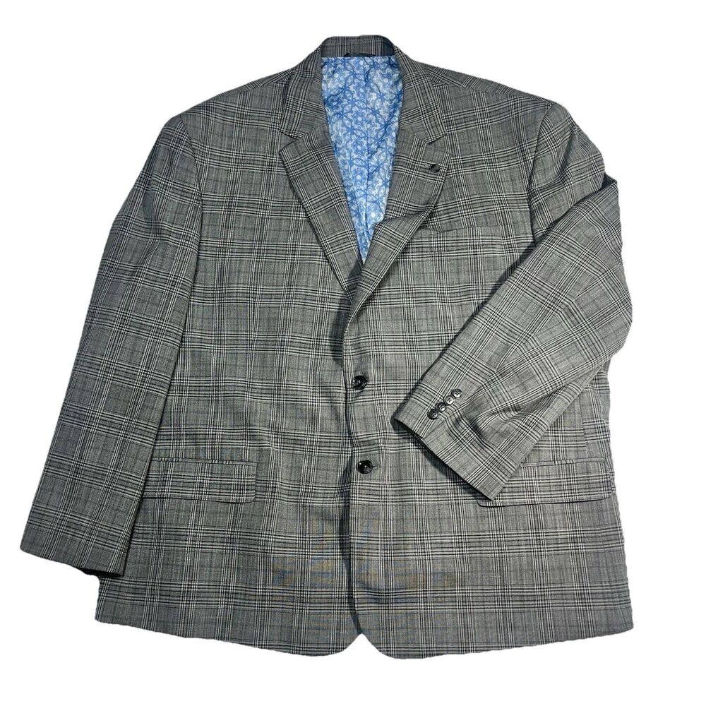 Oak Hill Blazer Mens 4XL 58R Gray Plaid Blazer Sport Coat 2 Button Blue Lining